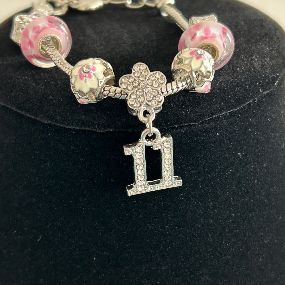8" Charm Bracelet Silver Happy 11th Birthday Crystal Pave Setting, Enamel Beads - Picture 5 of 8